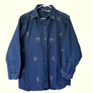 Rosemary & Ivy Vintage Denim Embroidered Flowers Grandmacore Shirt Med.